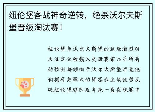 纽伦堡客战神奇逆转，绝杀沃尔夫斯堡晋级淘汰赛！